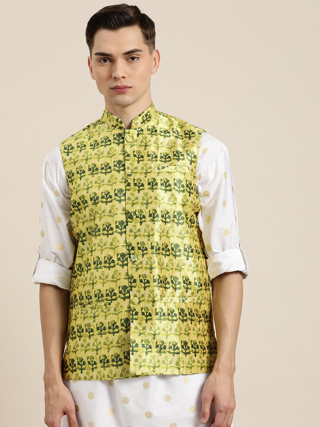 Men's Silk Blend Lime Green Printed Only Nehrujacket