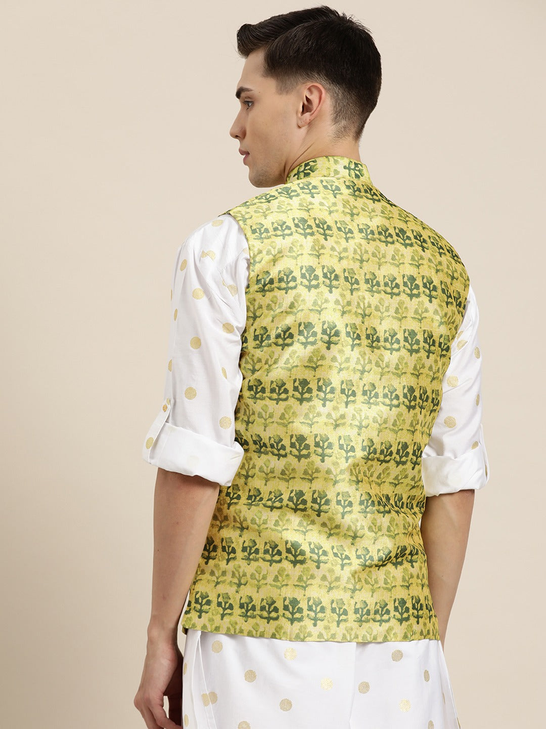 Men's Silk Blend Lime Green Printed Only Nehrujacket