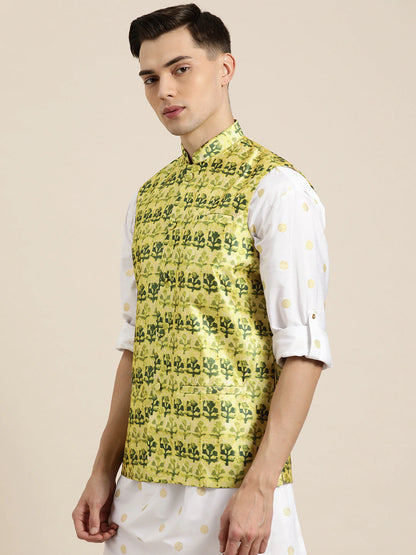 Men's Silk Blend Lime Green Printed Only Nehrujacket