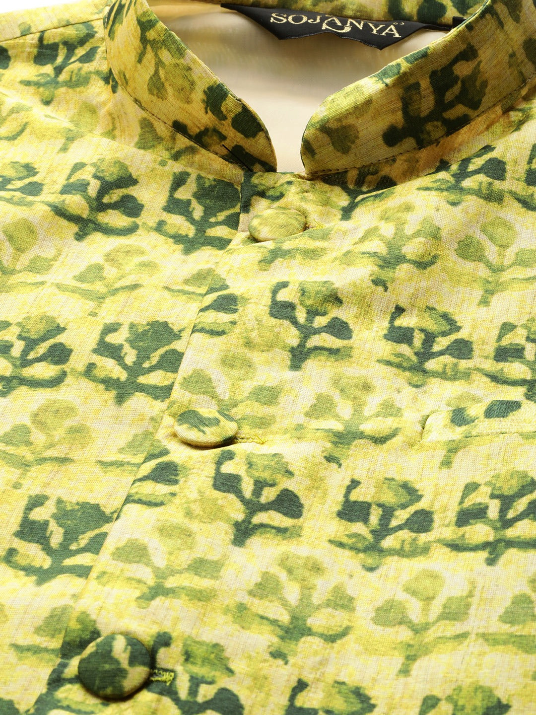 Men's Silk Blend Lime Green Printed Only Nehrujacket