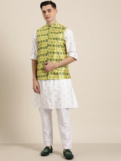 Men's Silk Blend Lime Green Printed Only Nehrujacket