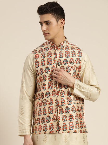 Men's Silk Blend Beige Printed Only Nehrujacket