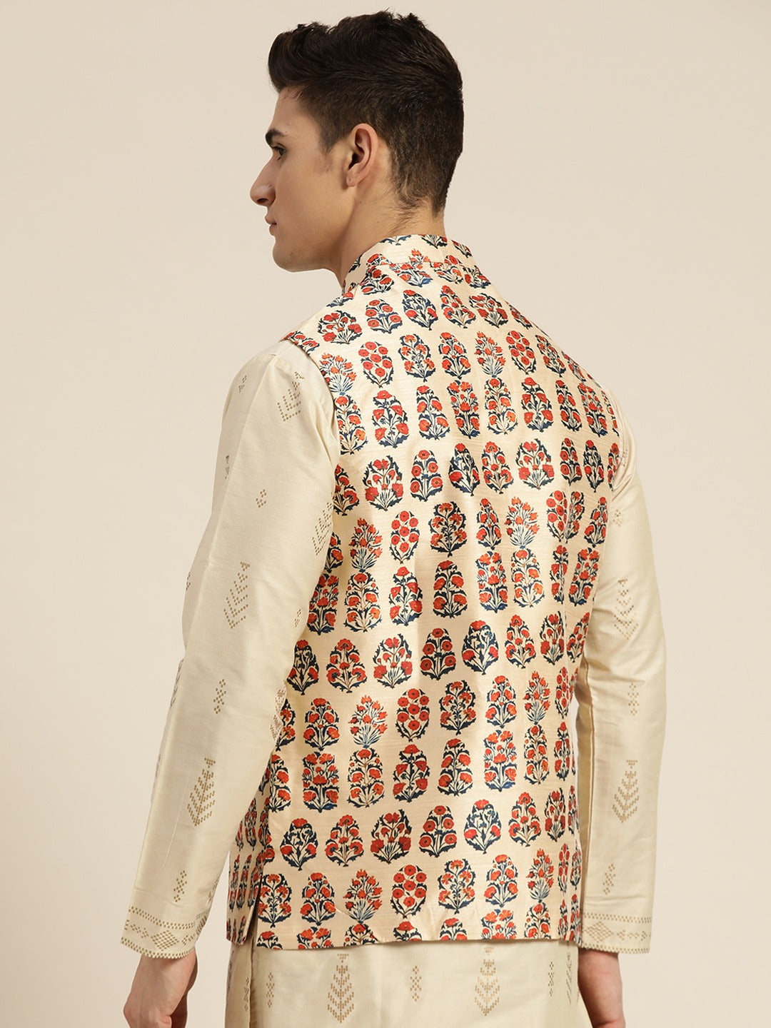 Men's Silk Blend Beige Printed Only Nehrujacket