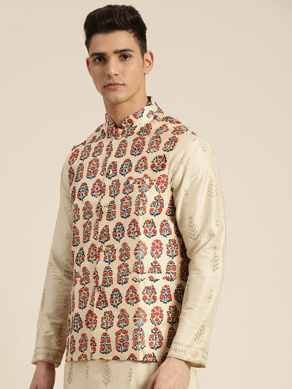 Men's Silk Blend Beige Printed Only Nehrujacket