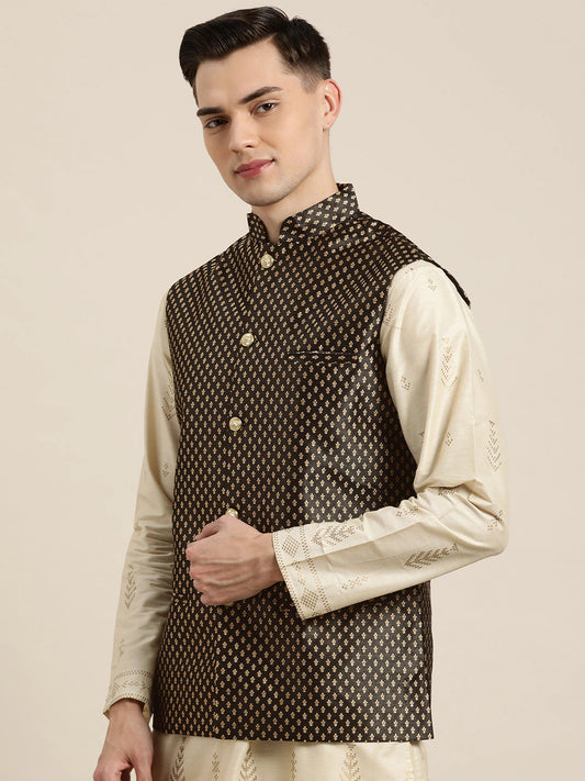 Men's Silk Blend Black & Gold Self Design Only Nehrujacket