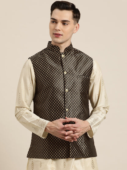 Men's Silk Blend Black & Gold Self Design Only Nehrujacket