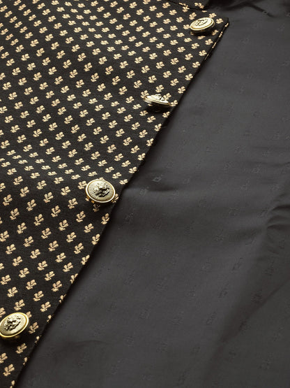 Men's Silk Blend Black & Gold Self Design Only Nehrujacket