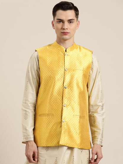 Men's Silk Blend Yellow & Gold Self Design Only Nehrujacket