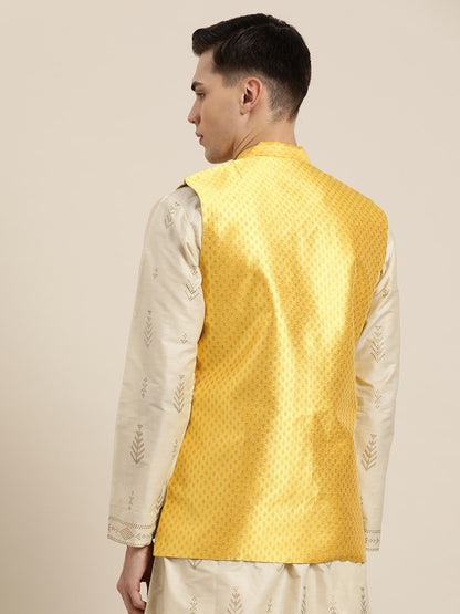 Men's Silk Blend Yellow & Gold Self Design Only Nehrujacket