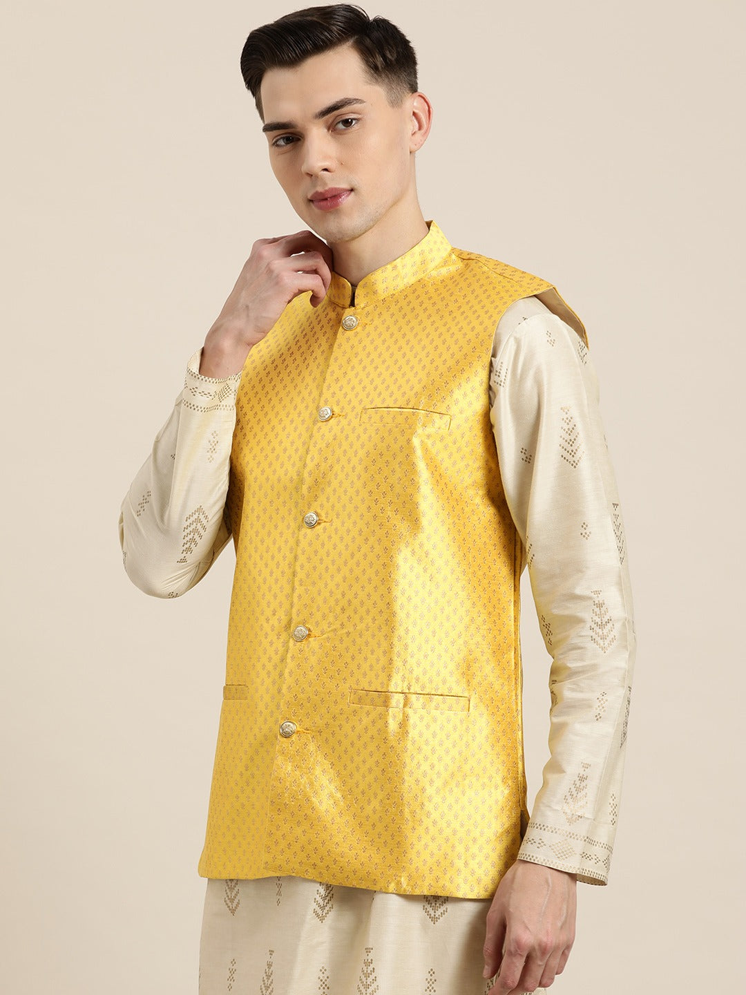 Men's Silk Blend Yellow & Gold Self Design Only Nehrujacket