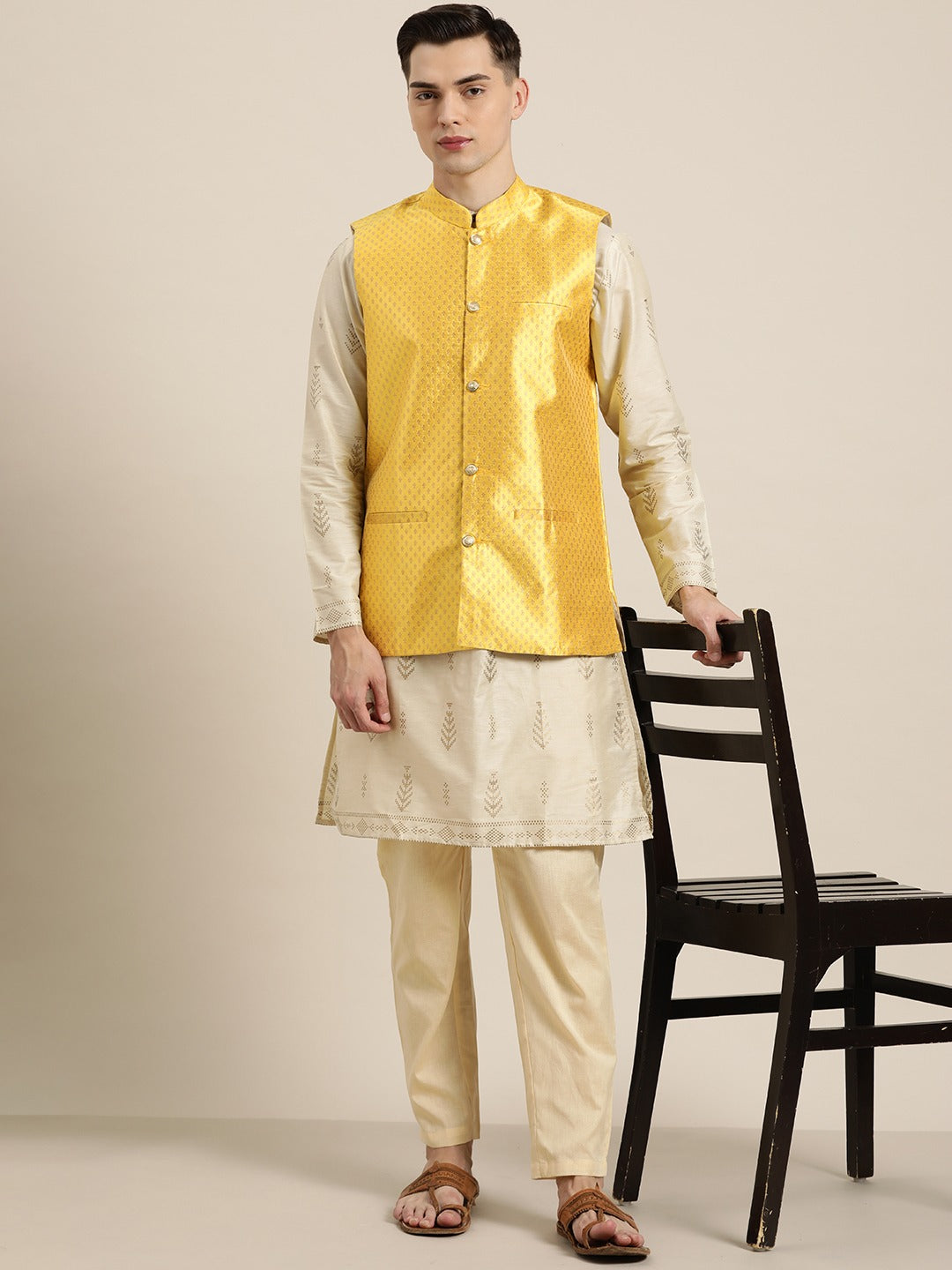 Men's Silk Blend Yellow & Gold Self Design Only Nehrujacket