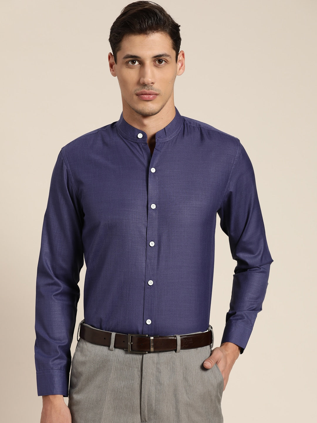 Men's Cotton Navy Blue Chinese Collar Formal Shirt