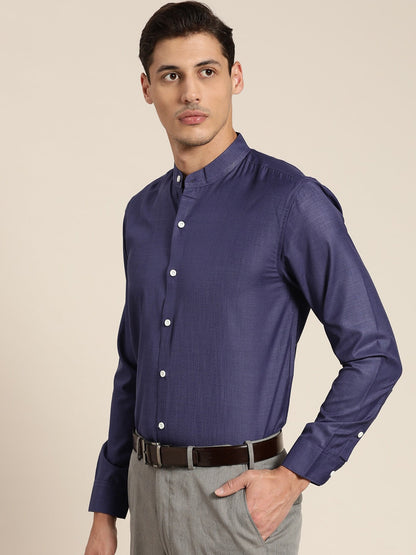 Men's Cotton Navy Blue Chinese Collar Formal Shirt