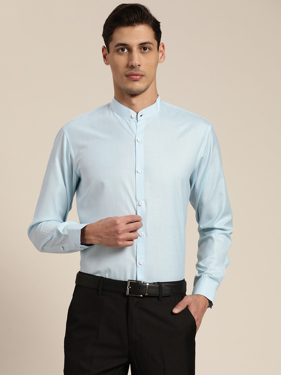 Men's Cotton Sky Blue Chinese Collar Formal Shirt