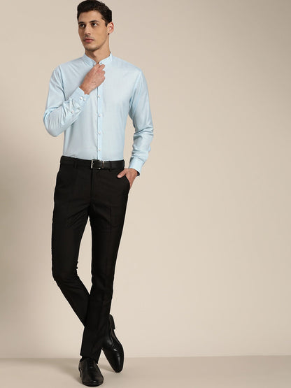 Men's Cotton Sky Blue Chinese Collar Formal Shirt