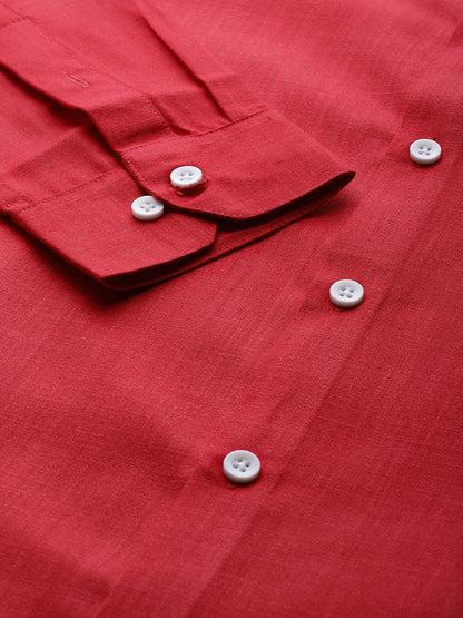 Men's Cotton Red Chinese Collar Formal Shirt