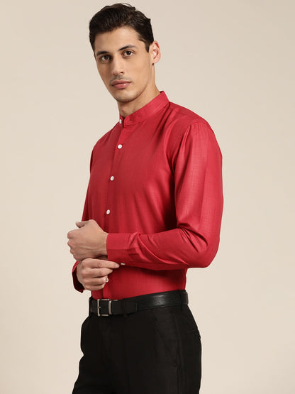 Men's Cotton Red Chinese Collar Formal Shirt