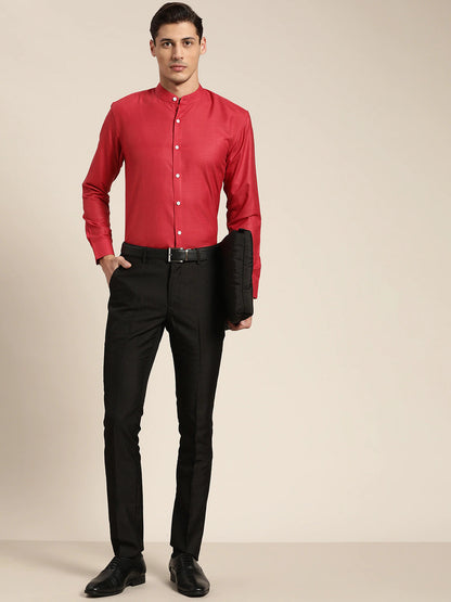 Men's Cotton Red Chinese Collar Formal Shirt