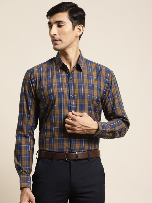 Men's Cotton Navy & Mustard Check Formal Shirt