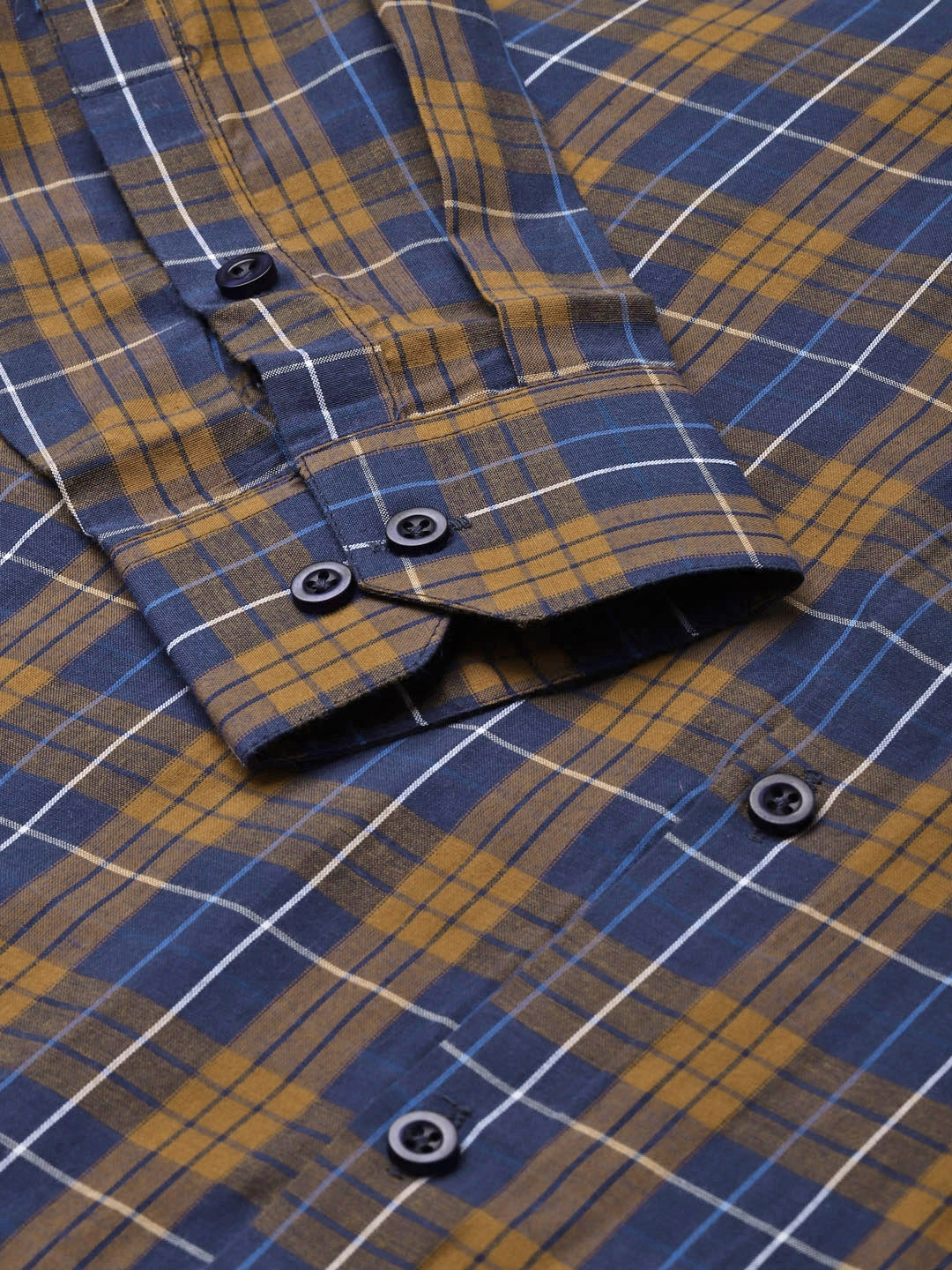 Men's Cotton Navy & Mustard Check Formal Shirt