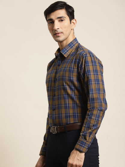 Men's Cotton Navy & Mustard Check Formal Shirt