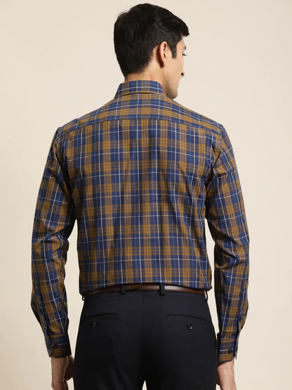 Men's Cotton Navy & Mustard Check Formal Shirt