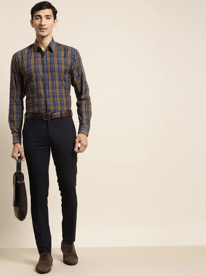 Men's Cotton Navy & Mustard Check Formal Shirt