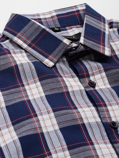 Men's Cotton Navy & White & Check Formal Shirt