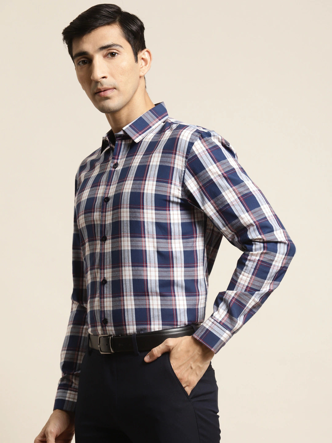 Men's Cotton Navy & White & Check Formal Shirt