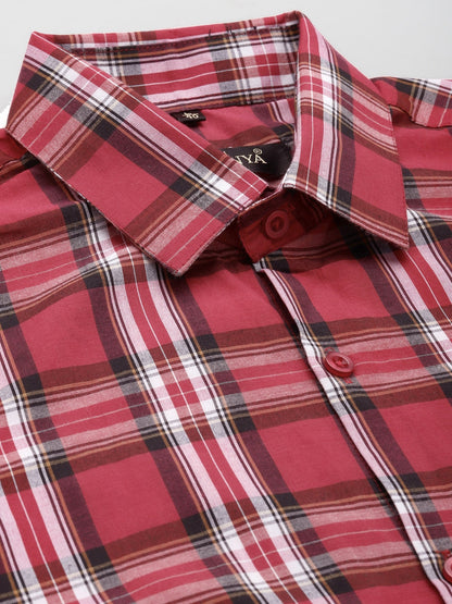 Men's Cotton Red & White & Check Formal Shirt