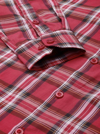 Men's Cotton Red & White & Check Formal Shirt