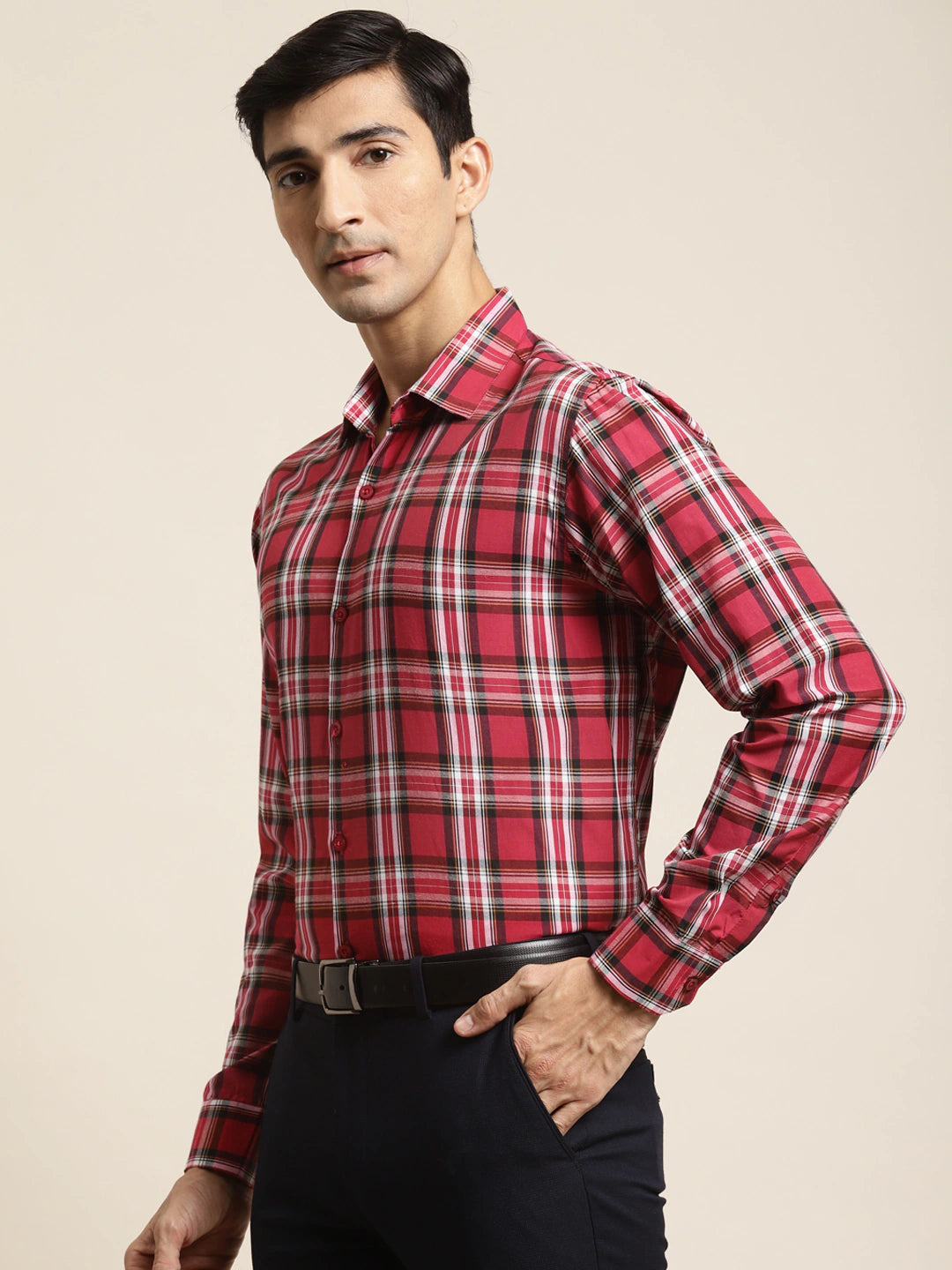 Men's Cotton Red & White & Check Formal Shirt