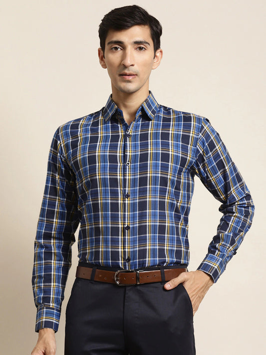 Men's Cotton Royal Blue & Navy Blue Check Formal Shirt