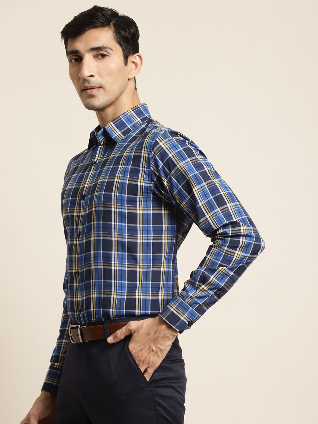 Men's Cotton Royal Blue & Navy Blue Check Formal Shirt