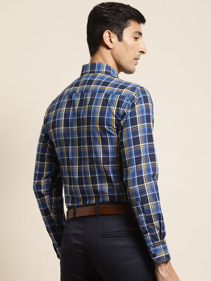 Men's Cotton Royal Blue & Navy Blue Check Formal Shirt