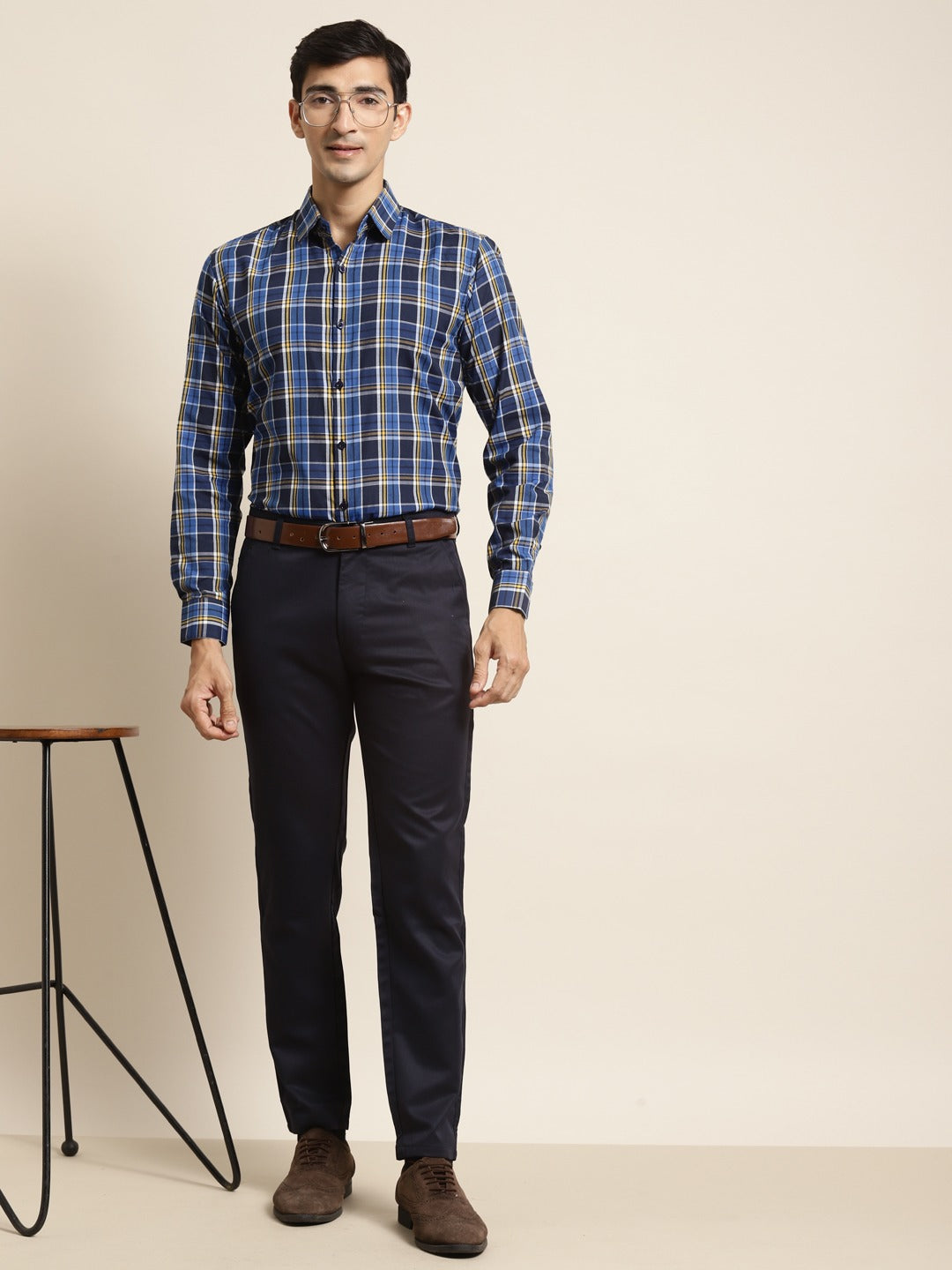 Men's Cotton Royal Blue & Navy Blue Check Formal Shirt