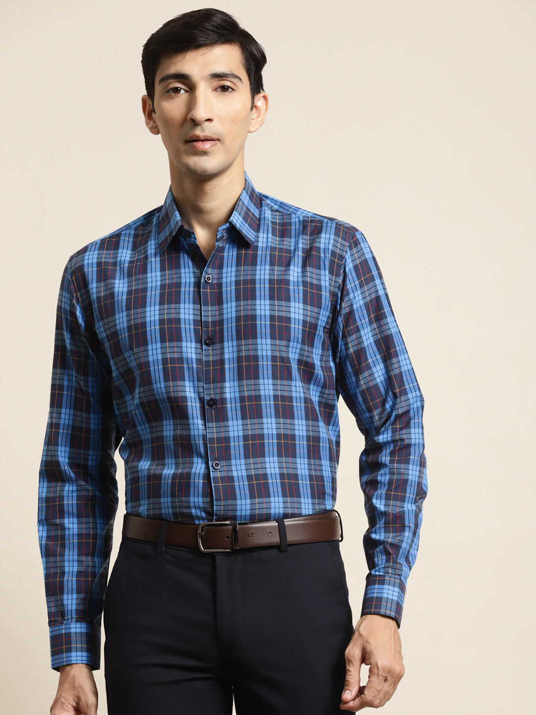 Men's Cotton Dark Blue & Peacock Blue Check Formal Shirt