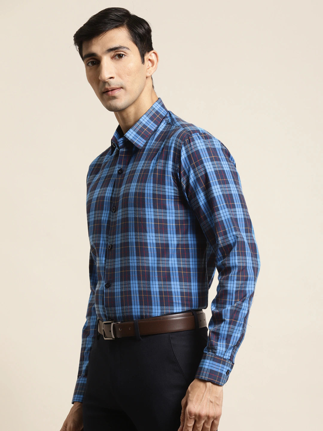 Men's Cotton Dark Blue & Peacock Blue Check Formal Shirt