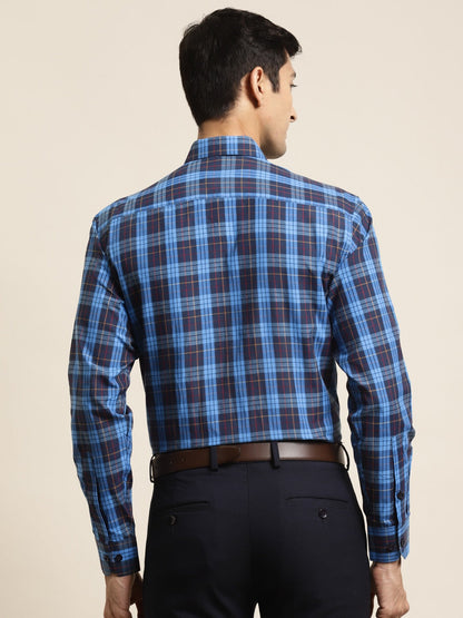 Men's Cotton Dark Blue & Peacock Blue Check Formal Shirt