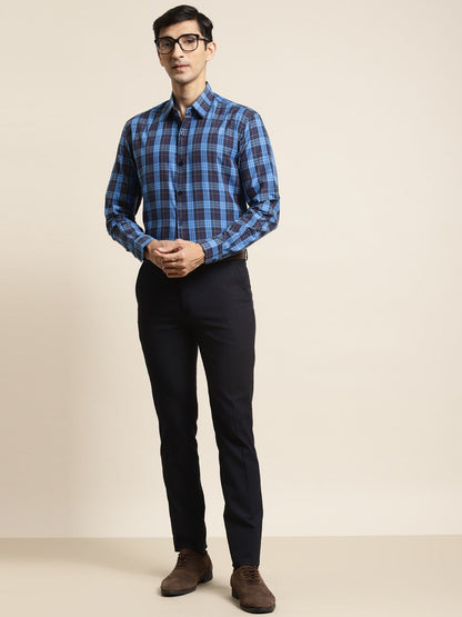 Men's Cotton Dark Blue & Peacock Blue Check Formal Shirt