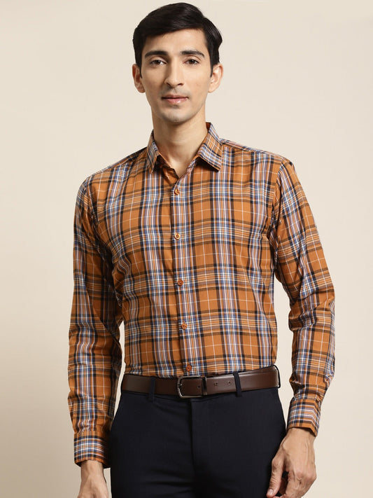 Men's Cotton Mustard & Blue Check Formal Shirt