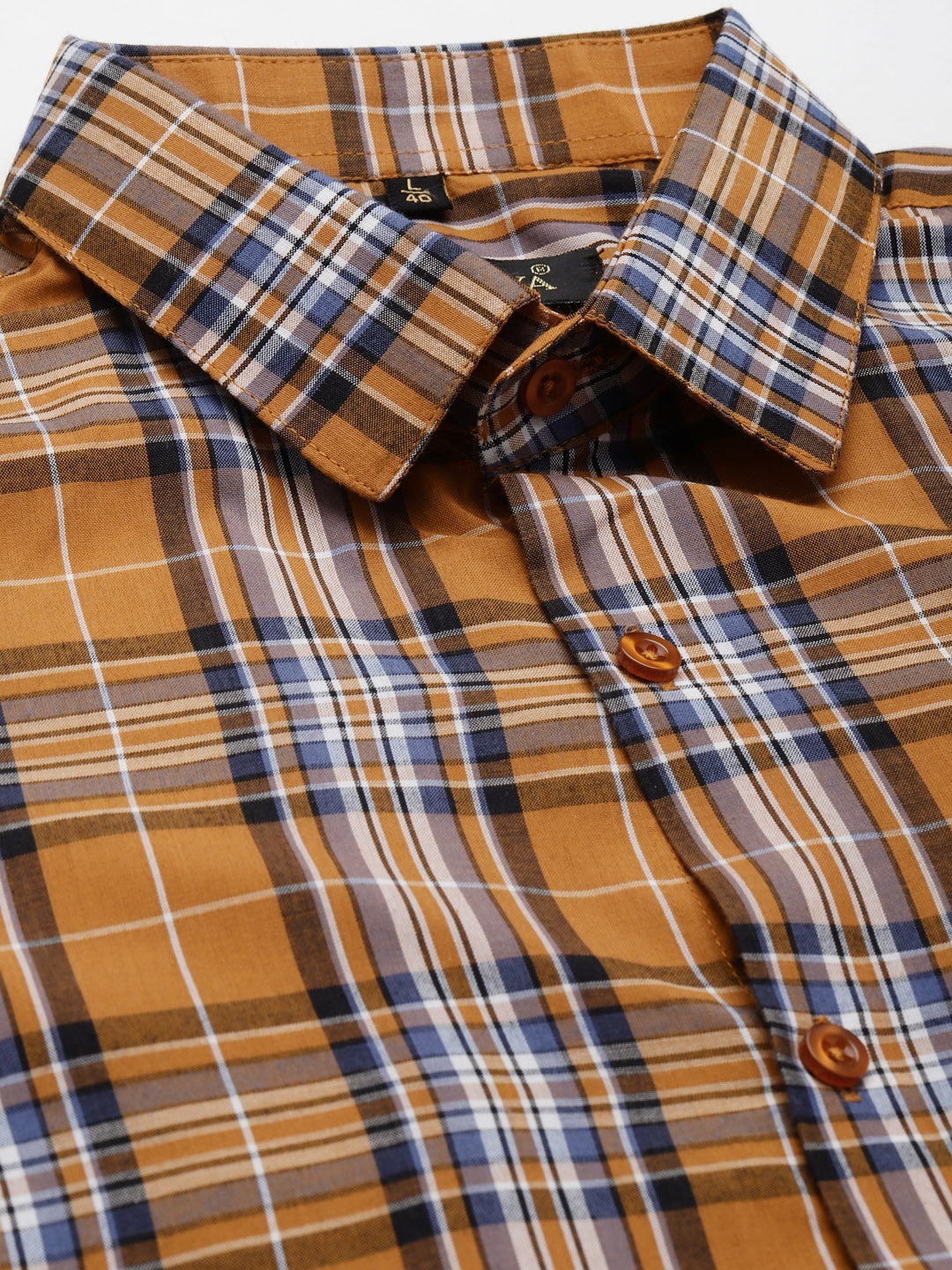 Men's Cotton Mustard & Blue Check Formal Shirt