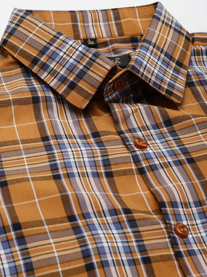 Men's Cotton Mustard & Blue Check Formal Shirt