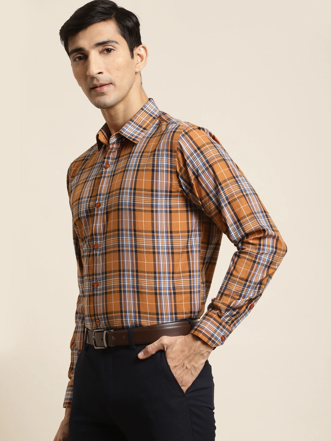 Men's Cotton Mustard & Blue Check Formal Shirt