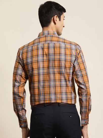 Men's Cotton Mustard & Blue Check Formal Shirt