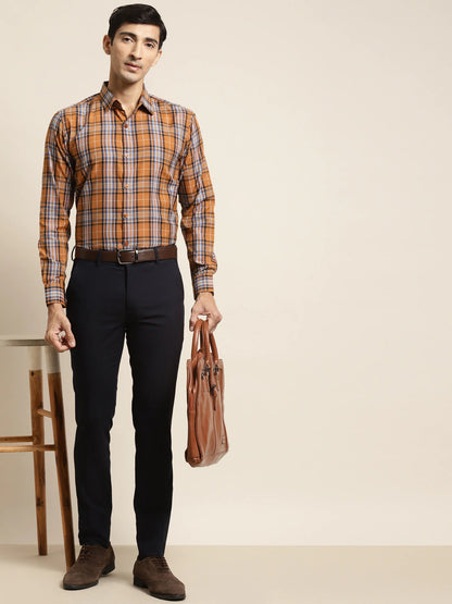 Men's Cotton Mustard & Blue Check Formal Shirt