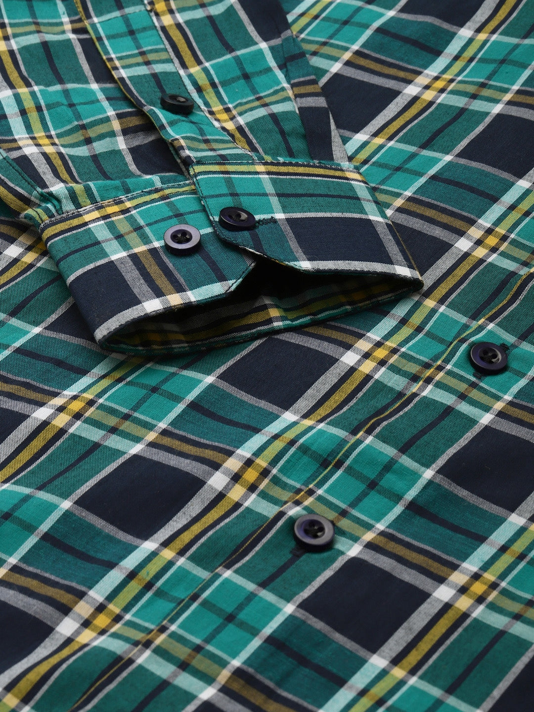 Men's Cotton Dark Green & Navy Check Formal Shirt