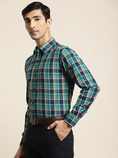 Men's Cotton Dark Green & Navy Check Formal Shirt