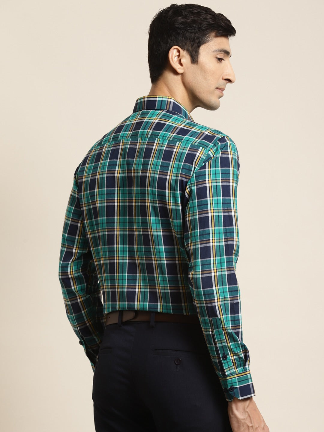 Men's Cotton Dark Green & Navy Check Formal Shirt