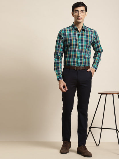 Men's Cotton Dark Green & Navy Check Formal Shirt